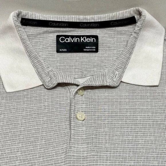 Calvin Klein Polo Men's XL Grey White Grid Print Short Sleeve CK Tonal Logo EUC - Picture 7 of 8